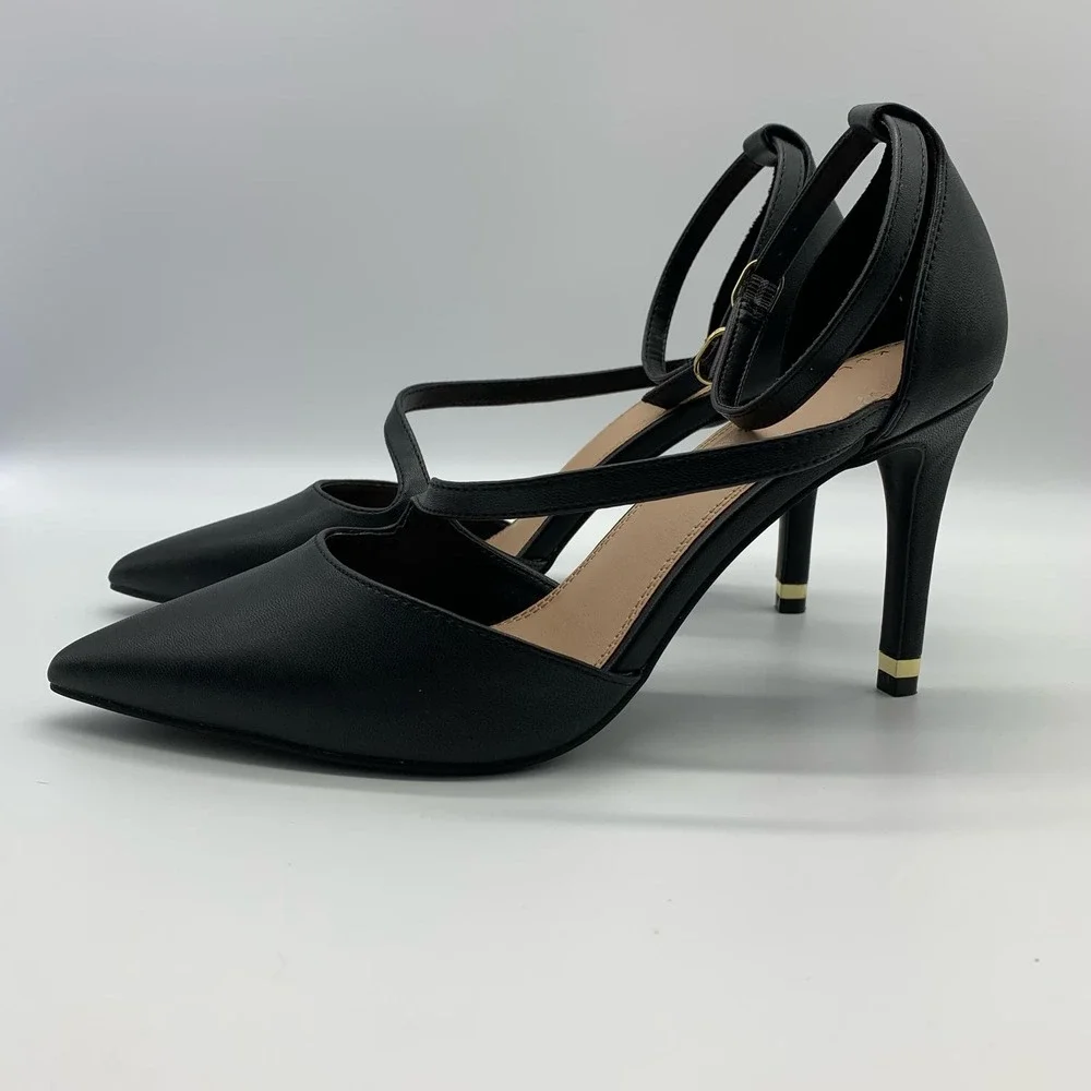 Kelly & Katie Pointed Toe Black Strappy Black Pumps With Gold Trim Heel Sz 10M - Picture 3 of 12